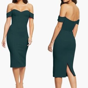 NWOT DRESS THE POPULATION Bailey Off the Shoulder Corset Bodycon pine sz XS